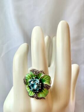 Dallas Prince Swiss  Blue Topaz  and Marcasite Sterling Silver Flower Ring